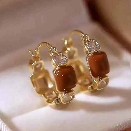 Vintage Geometric Crystal Stone Epoxy Hoop Earrings